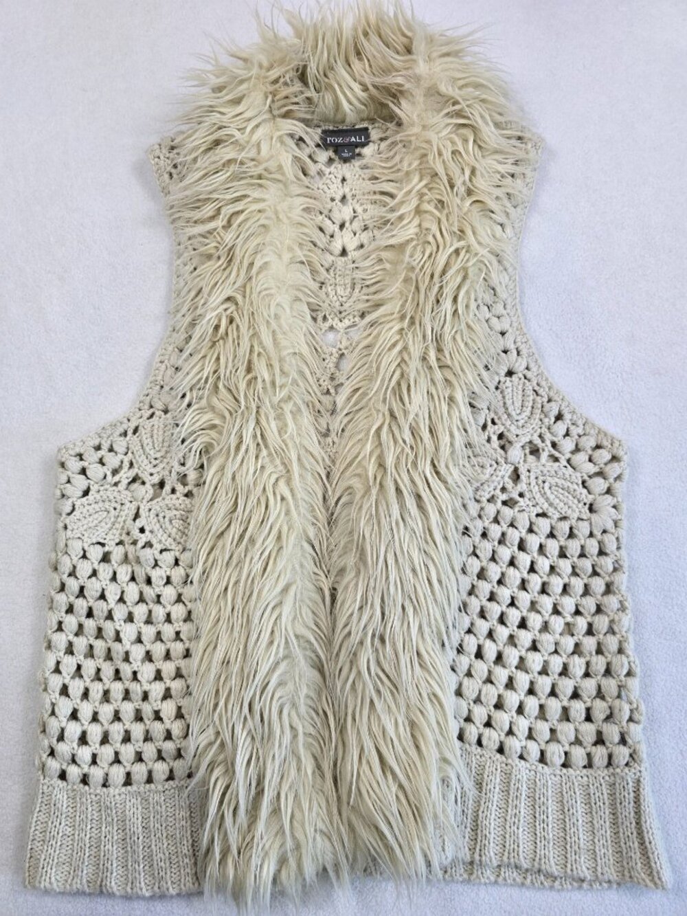 Roz & Ali Womens Large Faux Fur Collar Crochet Vest Boho Hippie